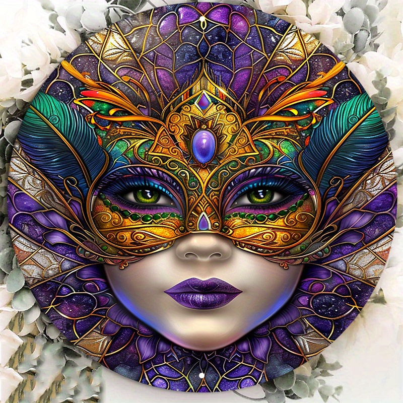 

Aluminum Metal Sign Art Set - 1pc, 8x8 Inch, Waterproof, Pre-drilled, Hd Printing, Quality Stained Glass Style Mardi Gras Mask Decor - Lzf782