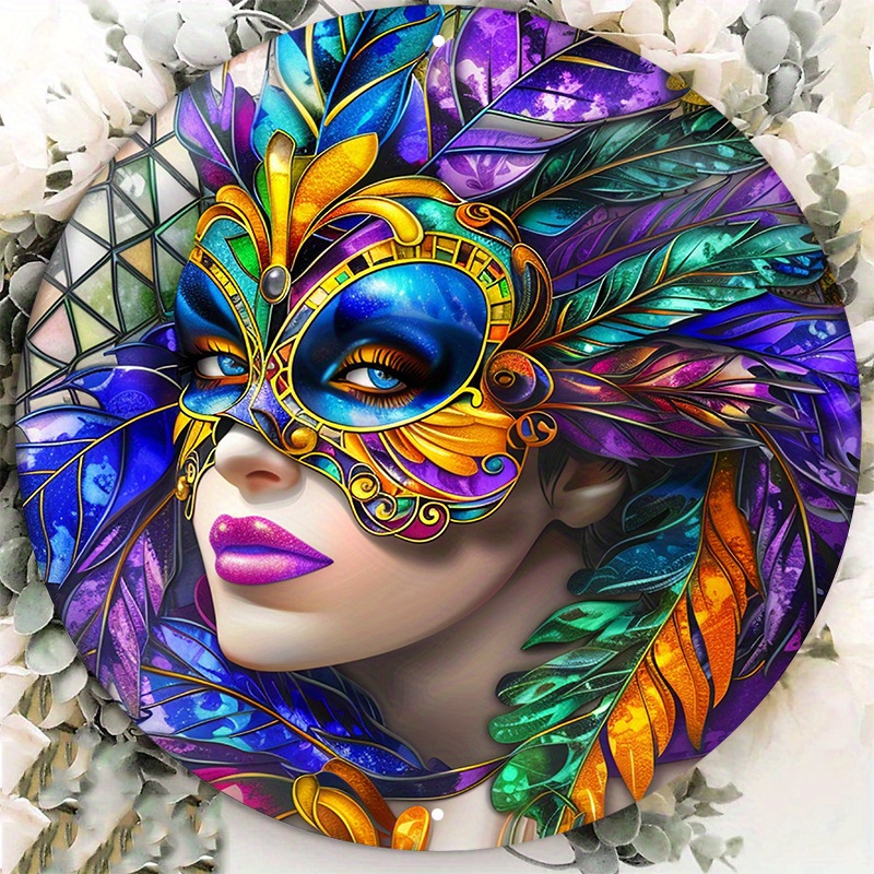 

Panneau en Aluminium Masque Coloré Mardi Gras 8X8" - Style Vitrail, Résistant aux UV et aux Rayures, Décoration Facile à Accrocher pour Extérieur/Intérieur