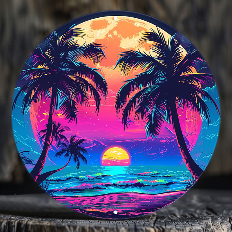 

1pc 8x8inch Aluminum Metal Sign - Waterproof Round Wall Decor With Hd Printed Sunrise Over Palms And Colorful Moon Background For Door Hanger Or Wreath - Pre-drilled, Weather Resistant Xc936