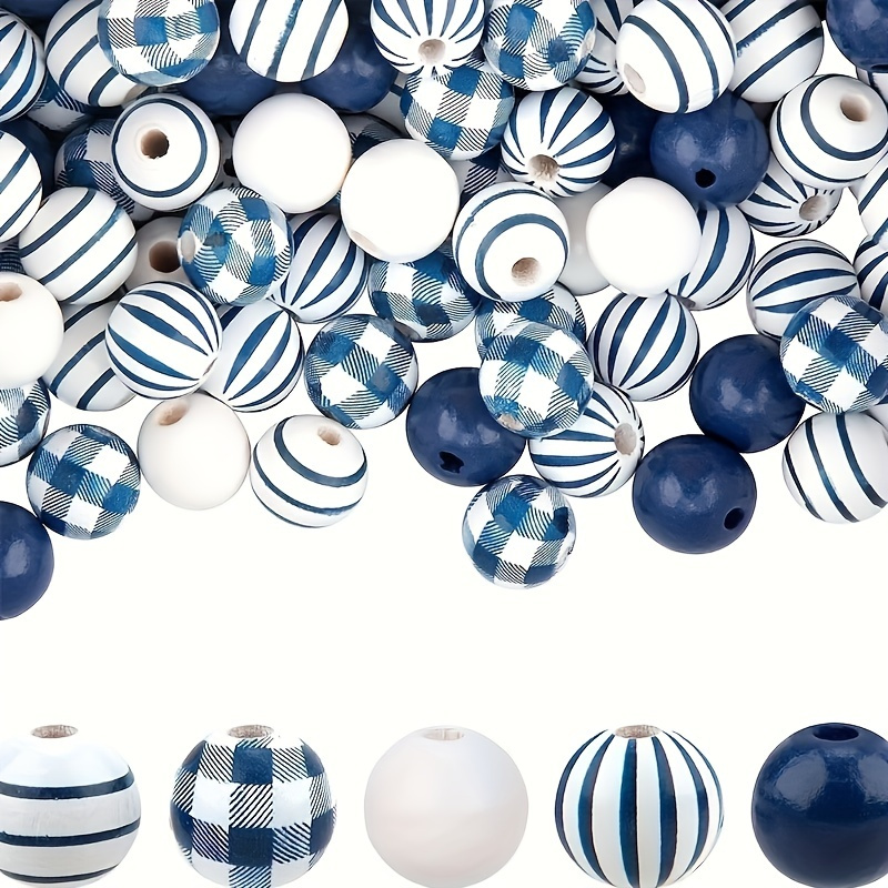 

50pcs 16mm Polished Blue Wooden Striped Plaid Beads For Christmas Home Garland Beaded Decorations Diy Crafts Jewelry Making Supplies