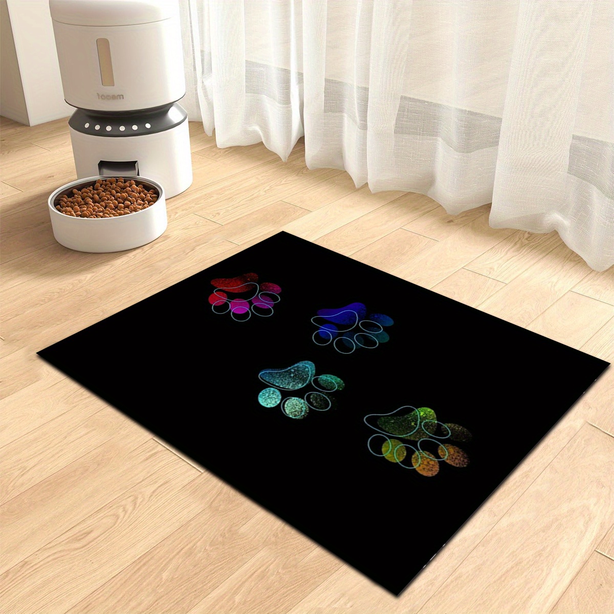 

Colorful Paw Print Pet Feeding Mat - 1pc, Non-slip Quick-dry Polyester, Dog Feeding Mat, Water And Food Bowl Mat For Dogs And Cats, Pet Feeding Accessory, Home Decor Essentials