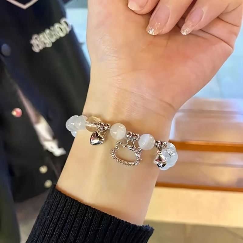 Sanrio Officially Hello Kitty Charm Beaded Bracelet, Cute Cartoon Elastic Y2K Style Heart-shaped Charm Bracelet, Hand Jewelry Decoration Birthday Festival Gift