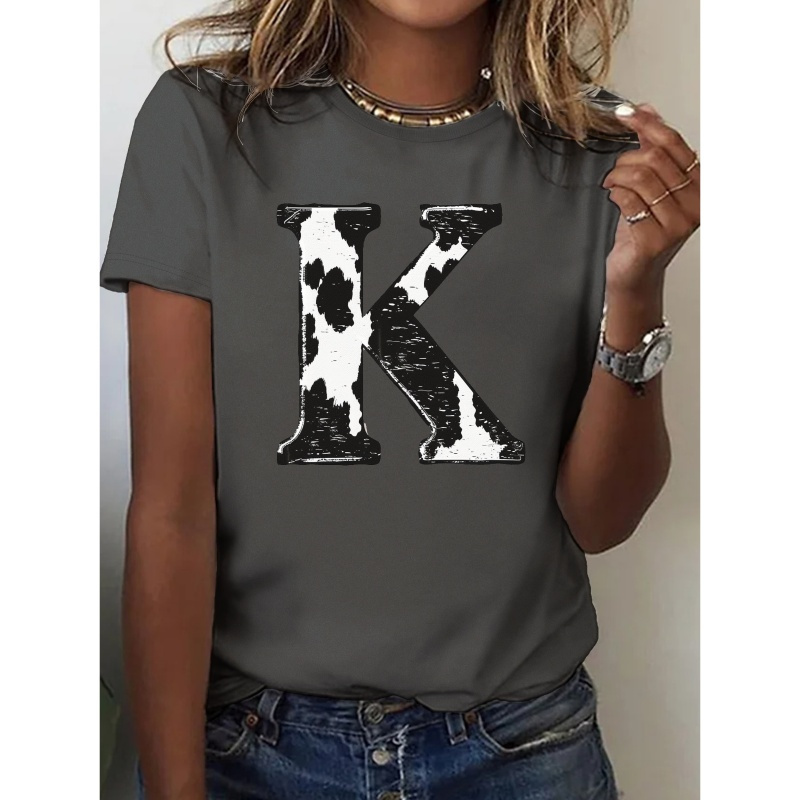 

Letter Kprint Crew Neck T-shirt, Casual Short Sleeve Top For Spring & Summer, Women's Clothing