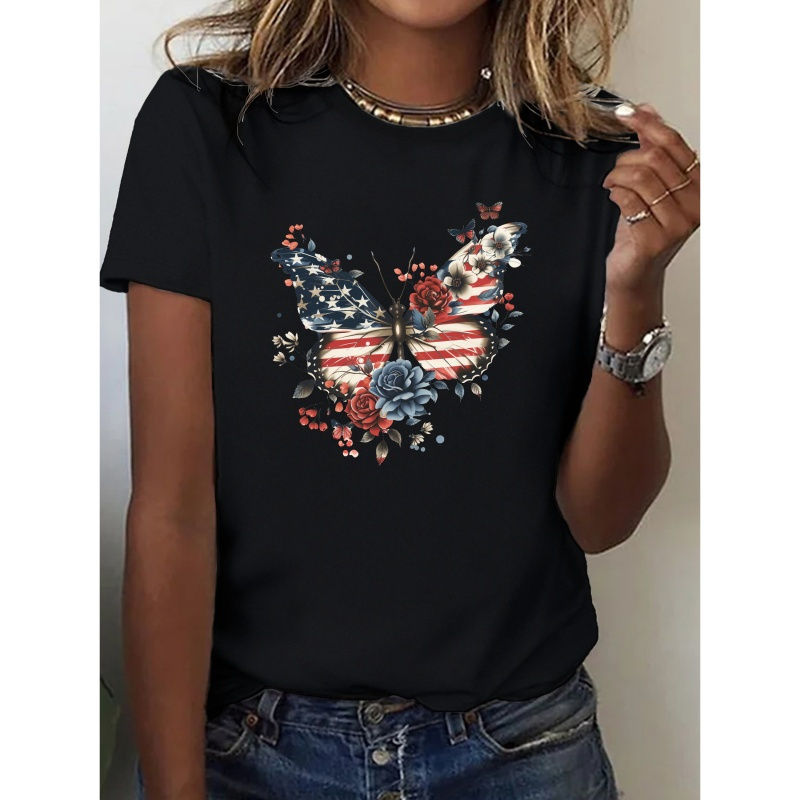 

1pc Patriotic Graphic T-shirt, 100 Neck Tee For Women, With Flag & , Geometric Pattern, Regular Length, Knit Fabric, Lightweight &