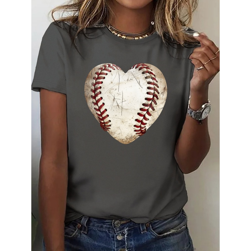 

Heart Baseball Print Crew Neck T-shirt, Casual Short Sleeve Top For Spring & Summer, Women's Clothing