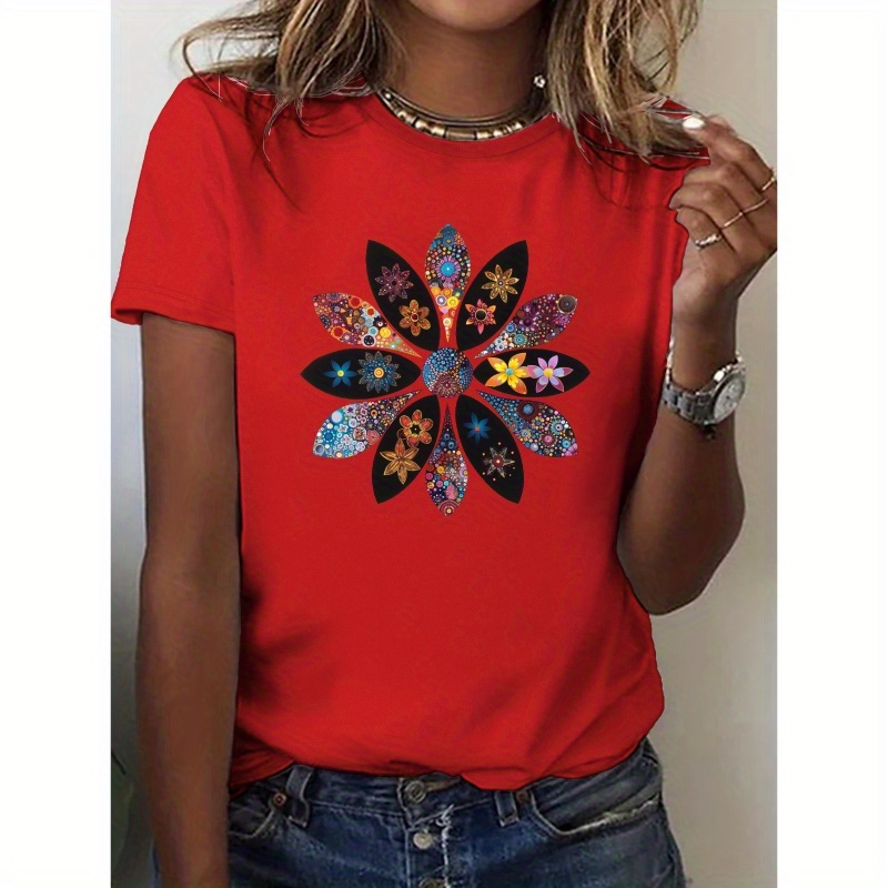 

Hippie Floral Print Crew Neck T-shirt, Casual Short Sleeve Top For Spring & Summer, Women's Clothing