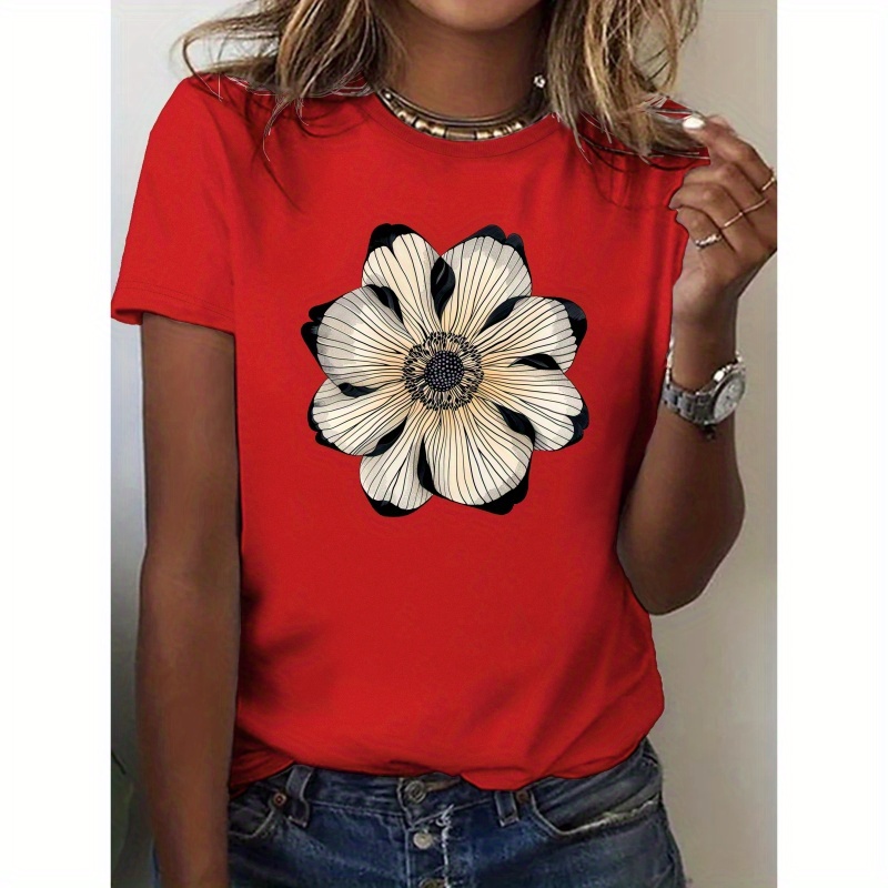 

Flower Print Crew Neck T-shirt, Casual Short Sleeve T-shirt For Spring & Summer, Women's Clothing
