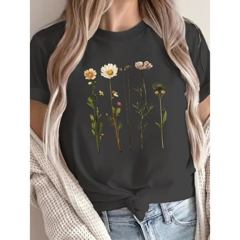 

Floral Print Crew Neck T-shirt, Casual Short Sleeve Top For Spring & Summer, Women's Clothing