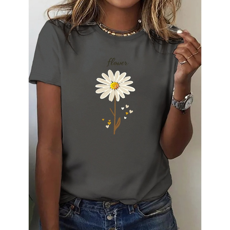 

Flower Print Crew Neck T-shirt, Casual Short Sleeve Top For Spring & Summer, Women's Clothing