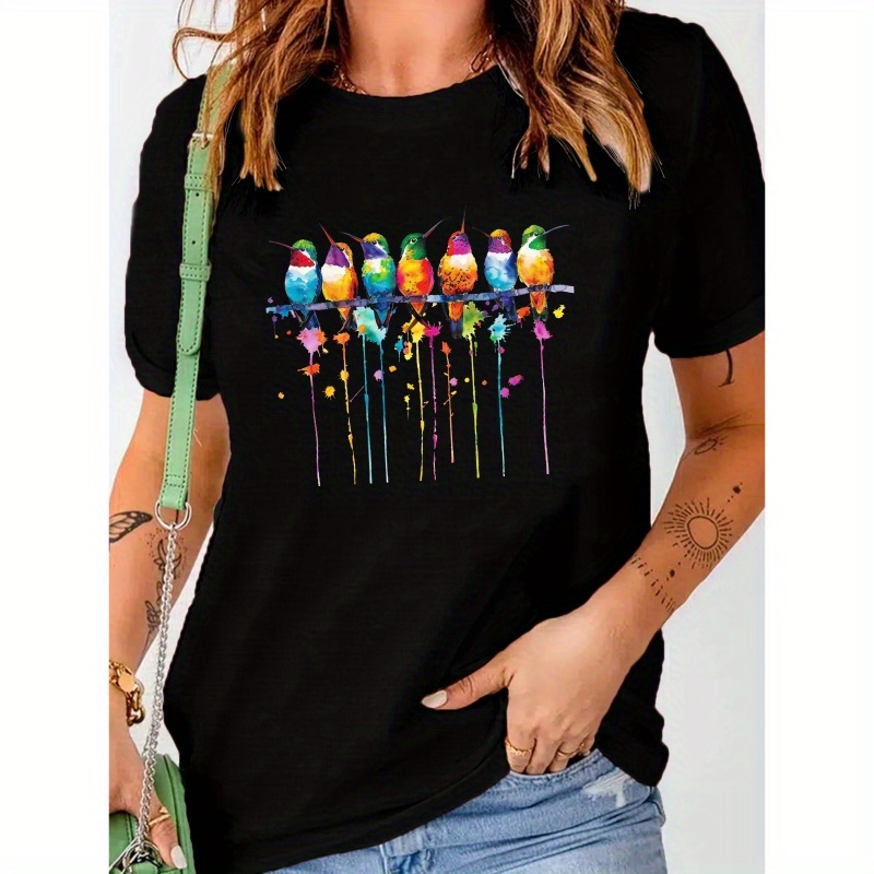 

Vibrant Watercolor Style Hummingbirds Print T-shirt, Casual Short Sleeve Crew Neck T-shirt For Spring & Summer, Women's Clothing