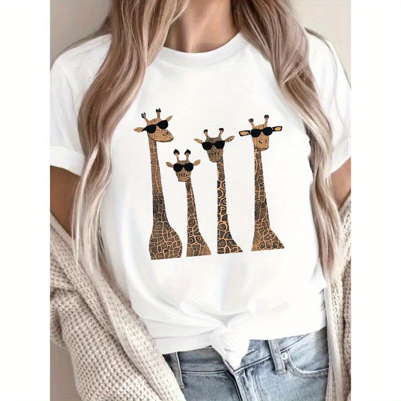 

Giraffes Print Crew Neck T-shirt, Casual Short Sleeve Top For Spring & Summer, Women's Clothing