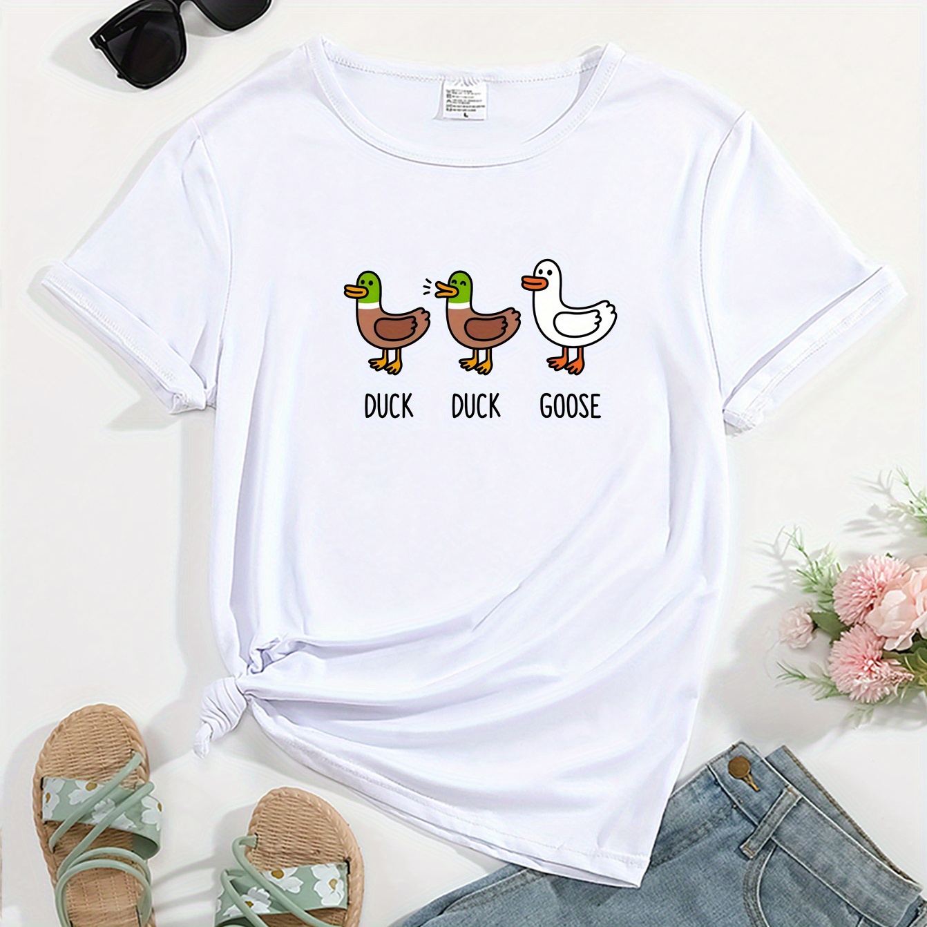 

Duck Goose Print Round Neck Sports T-shirt, Short Sleeve Running Casual Tops, Women's Activewear