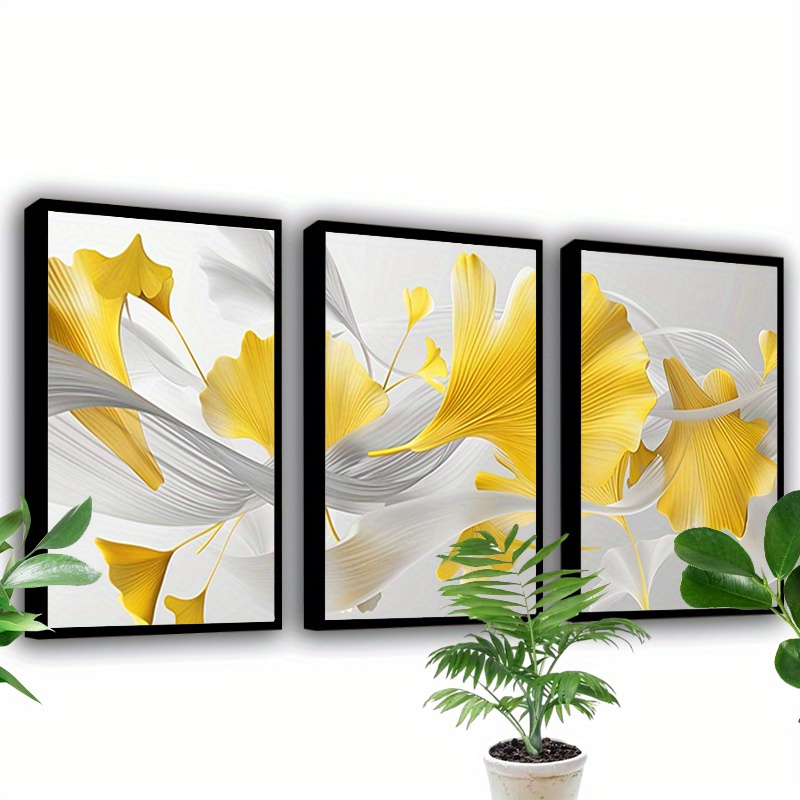 

3pcs Set Abstract Leaves Canvas Prints, 12x18 Inch Yellow And Gray For Home, Office, Living Room, Bedroom - High-quality Decor, Room Decor