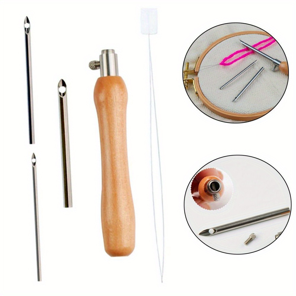 

Iron Embroidery Punch Needle Set With Wooden Handle, Sewing Stitch Pen For Diy Craft And Cross Stitch Tools - 1 Set
