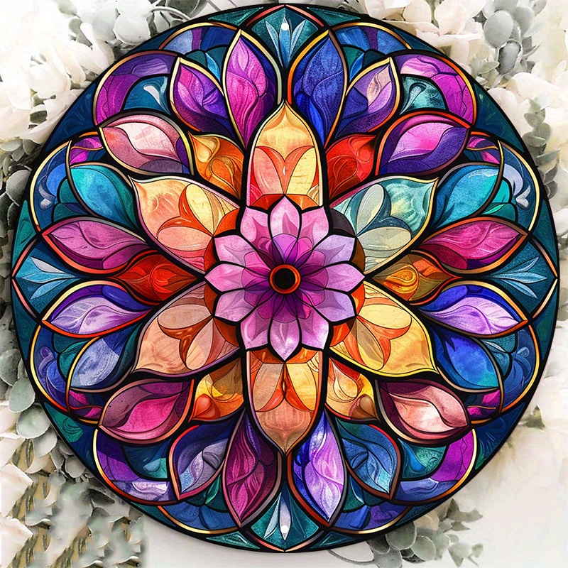 

1pc Stained Glass Flower Mandala Aluminum Metal Sign - 8x8 Inch Door Hanger, Wall Decor, Weather Resistant, Hd Printing - Lzf1065