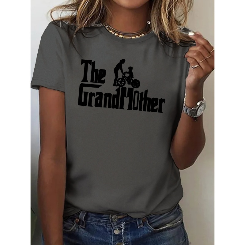 

Grandmother Print Crew Neck T-shirt, Casual Short Sleeve Top For Spring & Summer, Women's Clothing