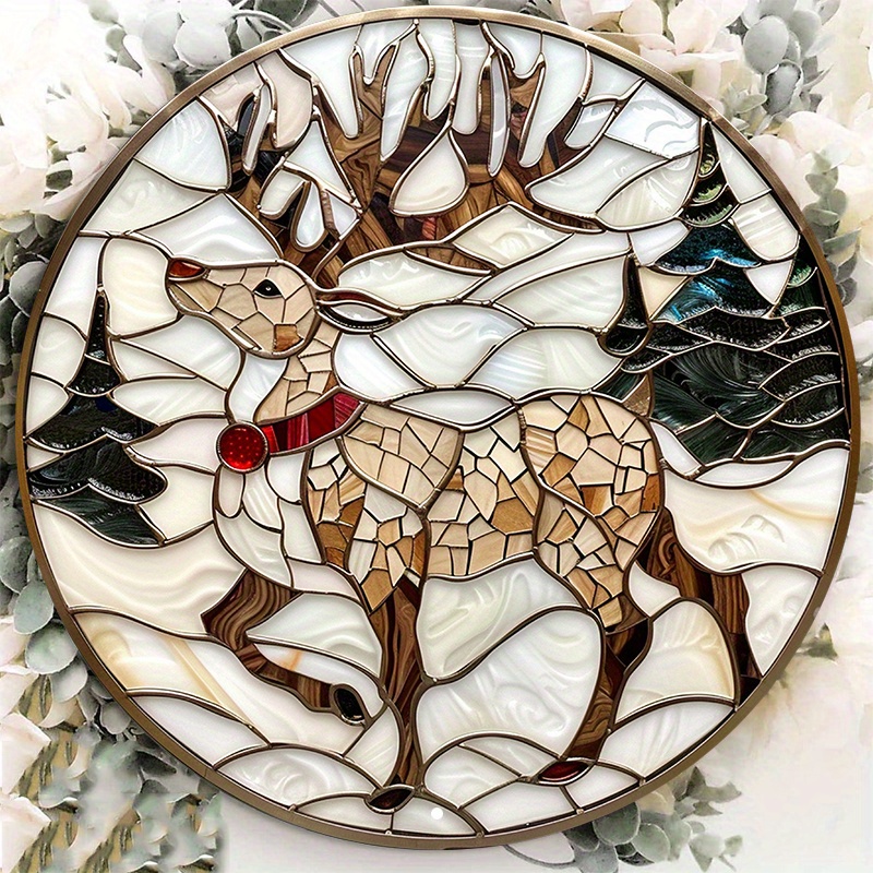 

Stained Glass Reindeer With Red Collar Metal Wall Decor - 8 Inch Round Aluminum Sign For Door Hanger Or Wreath Decoration - Waterproof And Weather Resistant Lzf1157