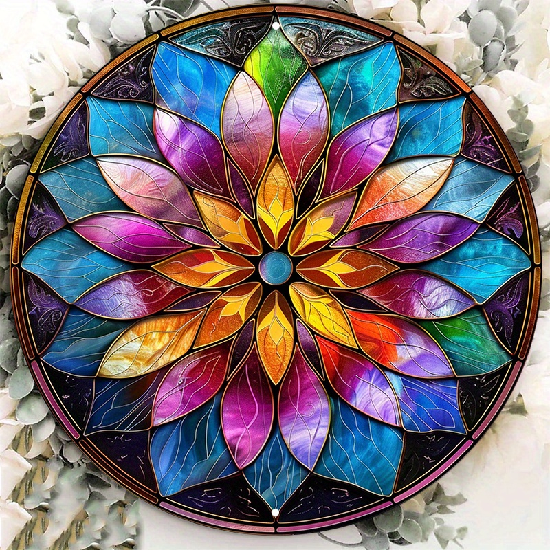 

1pc 8x8" Aluminum Metal Sign With Stained Glass Flower Mandala Design - Waterproof Hd Printed Wall Decor With Pre-drilled Holes - Weather Resistant Outdoor Decoration Lzf1413