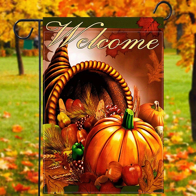 

1pc, Welcome Garden Flag, Fall Pumpkin Thanksgiving Harvest House Flag, Autumn Yard Lawn Decorations Vertical Burlap Small Banner Double Sided Waterproof Flag 12x18inch