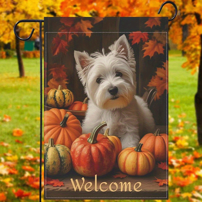 

1pc, West Highland White Terrier Welcome Garden Flag, Pumpkins Fall Harvest House Flag, Autumn Farmhouse Decorative Double Sided Waterproof Burlap Flag 12x18inch