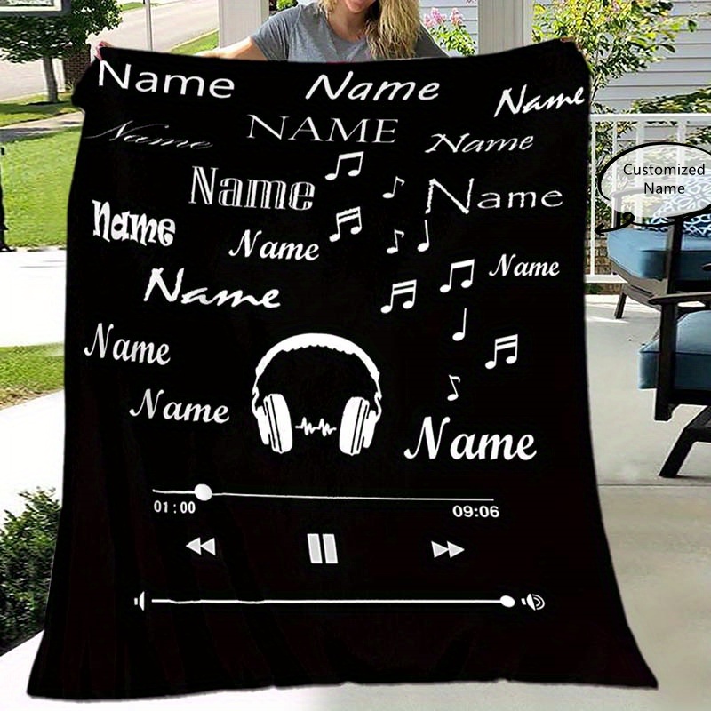 

1pc Custom Your Name Blanket, Personalized Earphone Music Pattern Text Blanket, Outdoor Travel Leisure 4 Seasons Nap Blanket, For Anniversary Gift