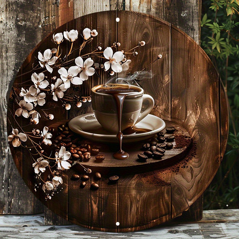 

Charming 8x8" Round Aluminum Sign - Coffee Cup & | Durable & Uv Protected Wall Art For Indoor/outdoor Decor