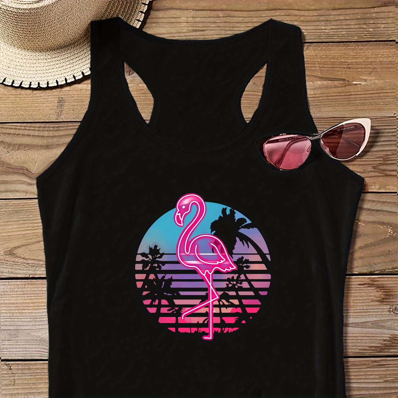 

Plus Size Flamingo & Coconut Tree Print Tank Top, Casual Sleeveless Crew Neck Top For Summer & Spring, Women's Plus Size Clothing