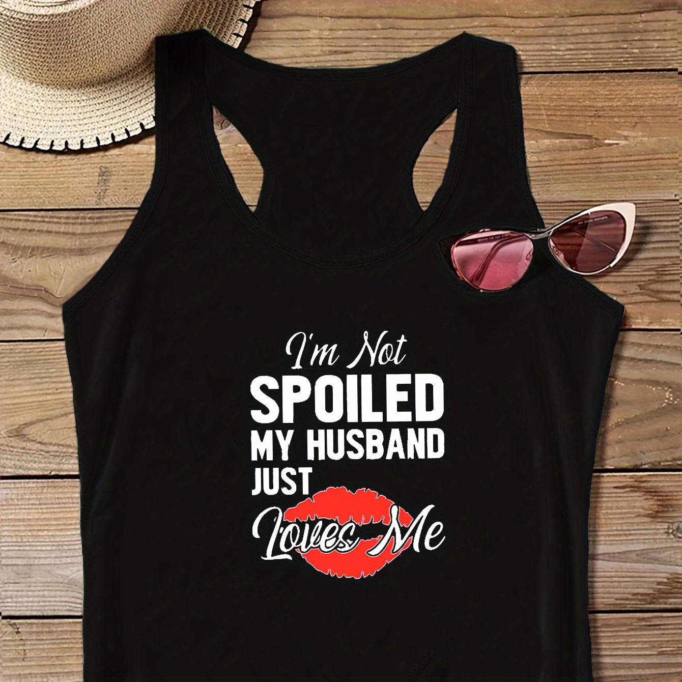 

Plus Size Husband Print Tank Top, Casual Sleeveless Crew Neck Top For Summer & Spring, Women's Plus Size Clothing