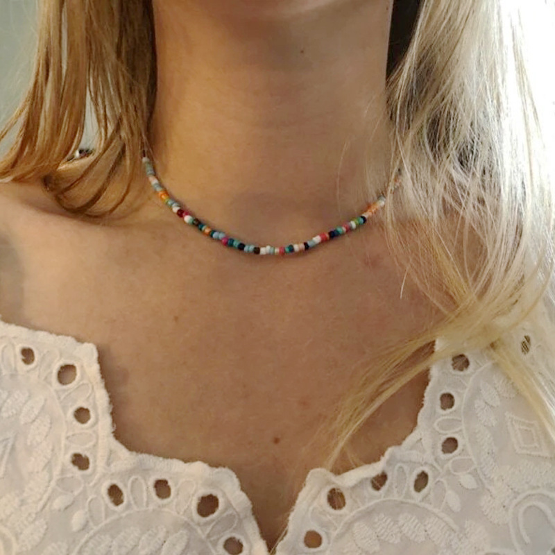 

Bohemian Style Rice Bead Pearl Choker Necklace, Multicolor Plastic Beads, Unique Fashion Jewelry For Women