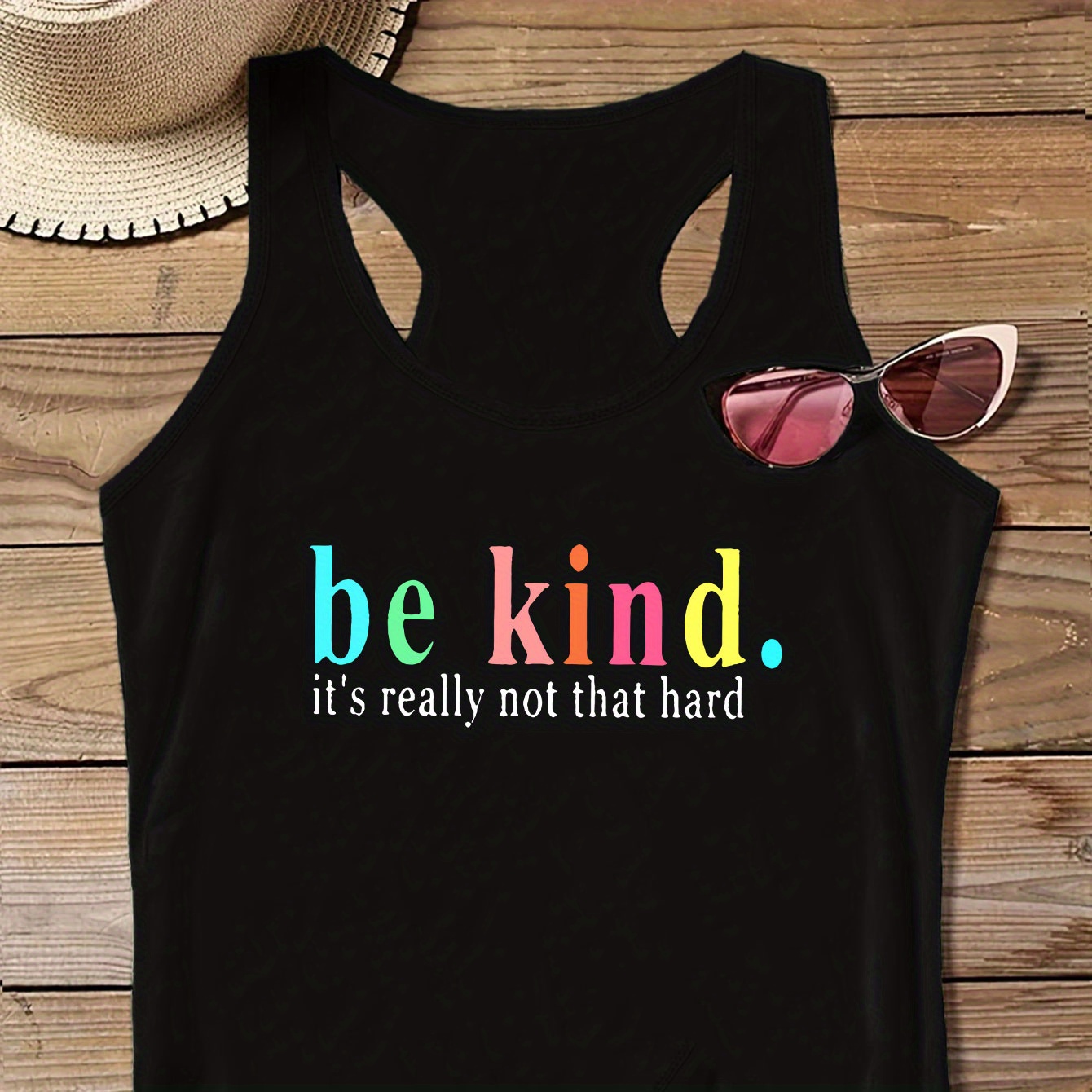 

Plus Size Be Kind Print Tank Top, Casual Sleeveless Crew Neck Top For Summer & Spring, Women's Plus Size Clothing