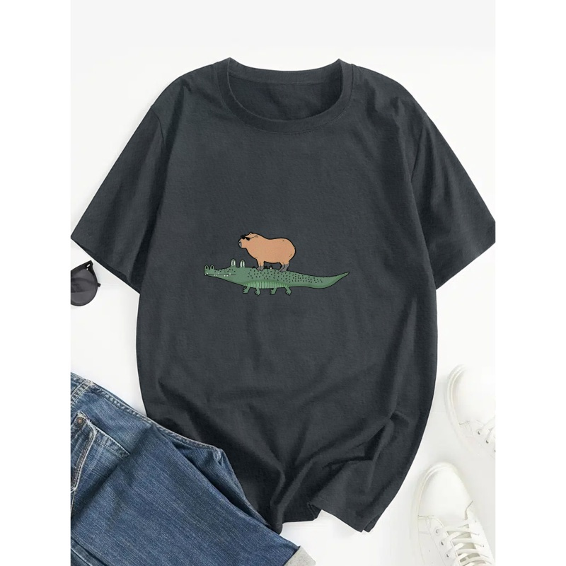 

Men's Casual Tee, Comfort Fit Short Sleeve With Fun Alligator & Capybara Creative Print, Summer Trendy Tops Stylish T-shirt