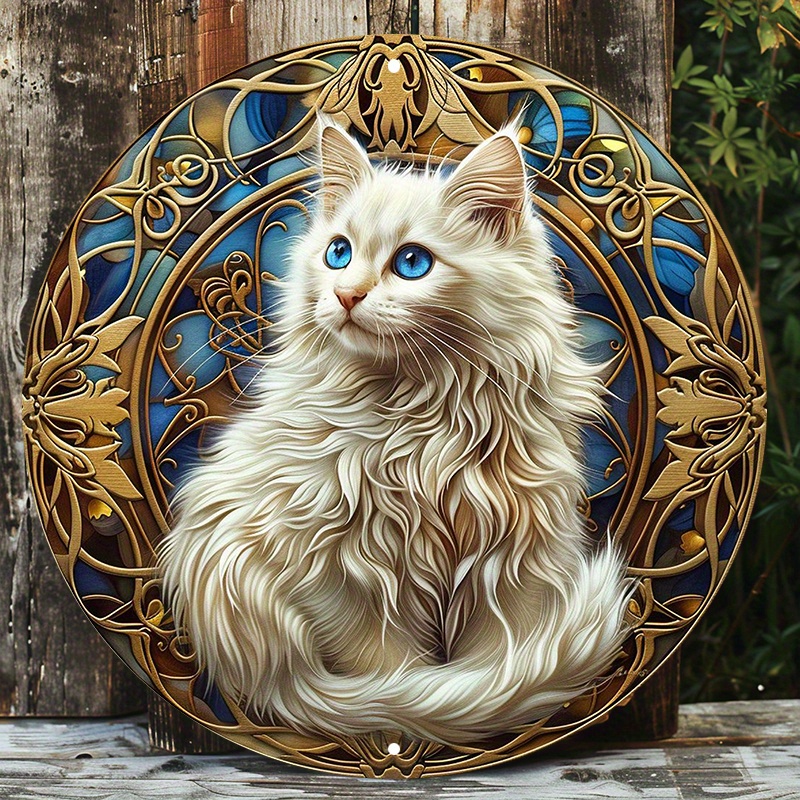 

White Cat With Blue Eyes Aluminum Metal Sign - 8x8 Inch Round Waterproof Wall Decor For Indoor/outdoor Use - Hd Printed Art With Pre-drilled Holes - Stained Glass Background Design Xc1410