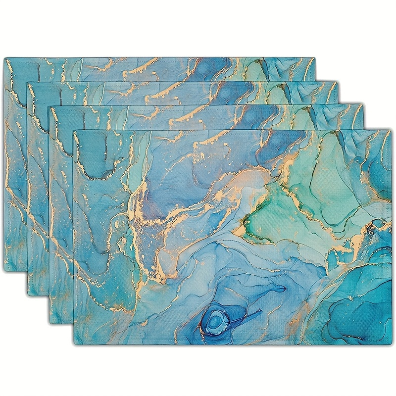 

4pcs, Teal Placemats, Turquoise Blue And Golden Marbling Design Table Pads, Decorative Polyester Fabric Table Mats, Perfect For Holiday Dining Room & Kitchen Decor, Peacock-inspired Party Supplies