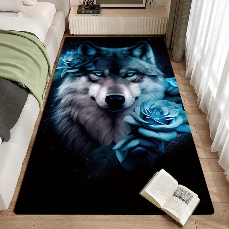 

Plush Crystal Velvet Area Rug - Blue Rose & Wolf Design, Perfect For Living Room And Bedroom Decor, 800g/m2 Rugs For Bedroom Area Rugs For Bedroom