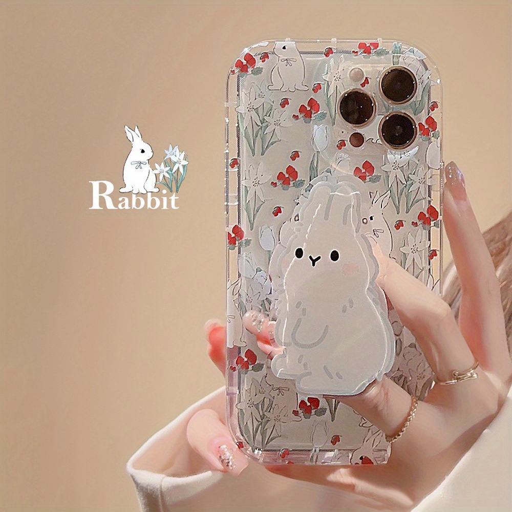 

Korean Cute Girl Floral Rabbit Stand Transparent Mobile Phone Case For 15/14/13/12/11/x Series