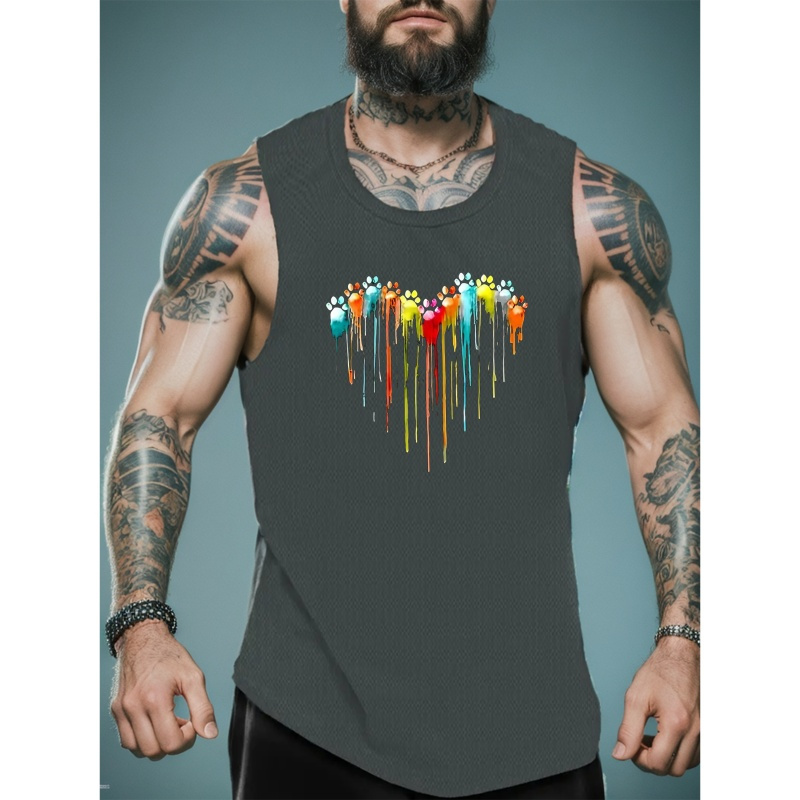 

Footprints And Hearts Print Summer Men's Quick Dry Moisture-wicking Breathable Tank Tops, Athletic Gym Bodybuilding Sports Sleeveless Shirts, For Running Training, Men's Clothing