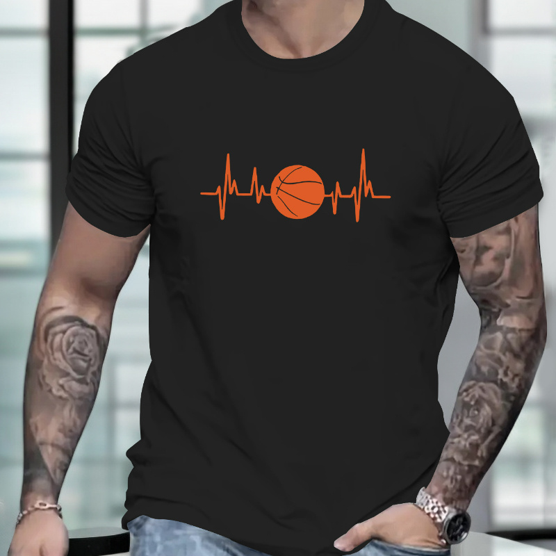 

Basketball Heartbeat Print Short Sleeve T-shirt, Men's Casual Comfy Versatile Tees For Summer Outdoor Gift