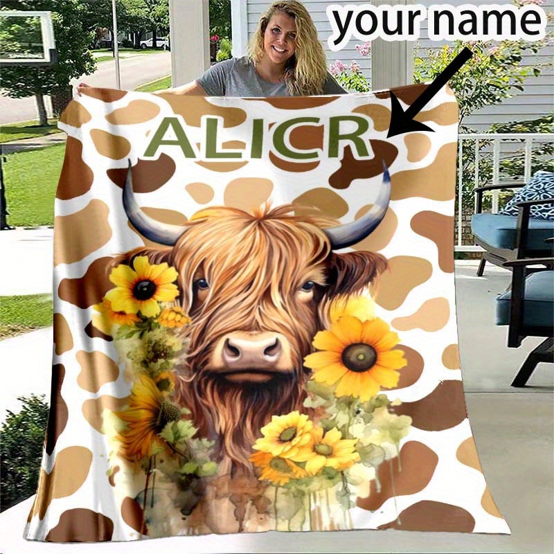 

1pc Customized Name Blanket, Sunflower Cow Pattern 4 Seasons Flannel Outdoor Portable Blanket