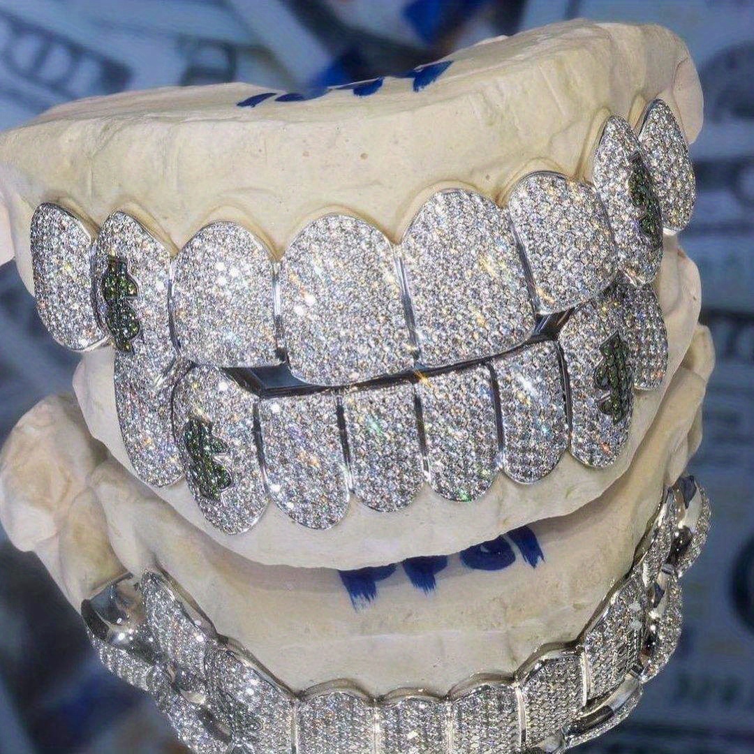 

Hip Hop Silvery Golden Iced Mouth Freezing Out Simulated 8 Top And Bottom Aaa Plus Cubic Zirconia Tooth Grills For Teeth