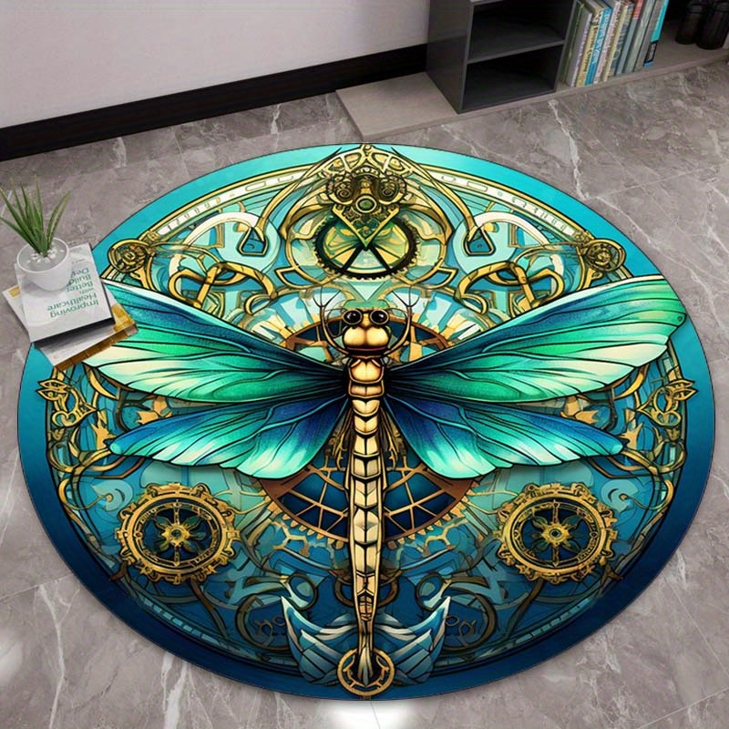 

Round Polyester Area Rug With 3d Mechanical Dragonfly Print - Anti-slip Chair Mat For Bedroom And Living Room - Crystal Velvet Soft Floor Carpet 800g/m2