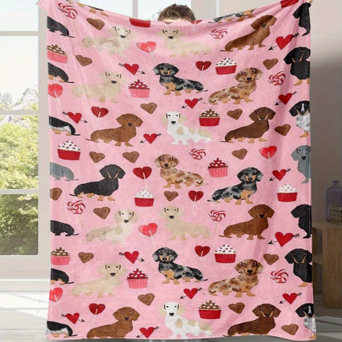 

Charming Dachshund & Heart Cake Puzzle Print Blanket - Soft Polyester, Perfect For All Seasons, Ideal For Office Chair Or Home Decor