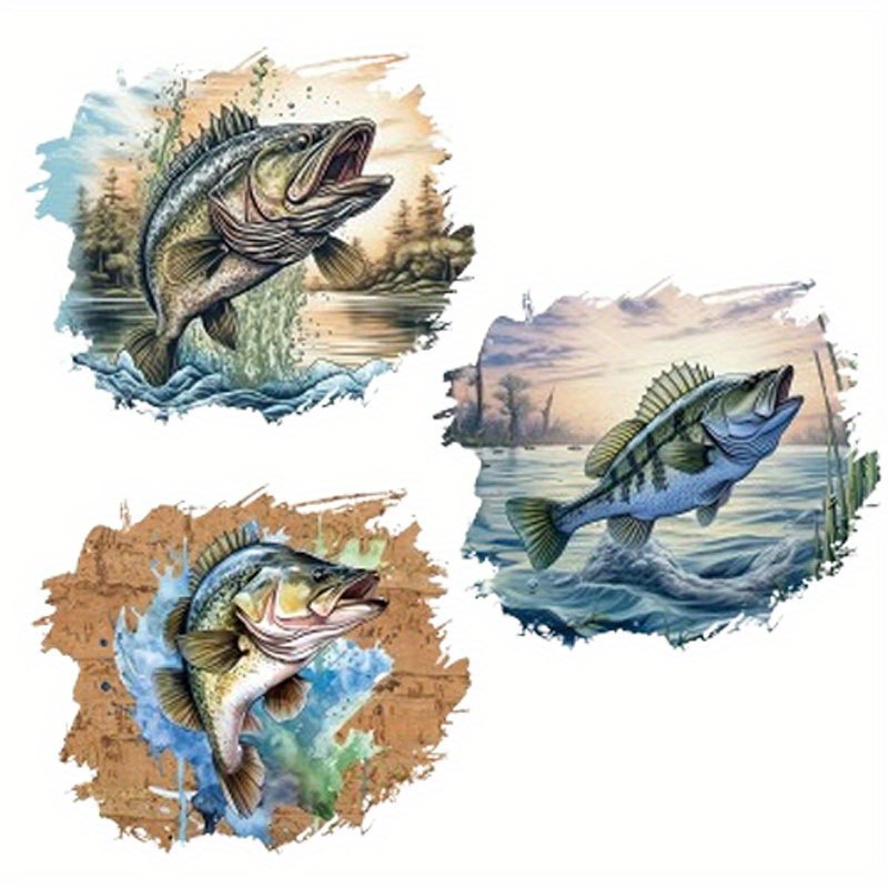 

3 Pack Fishing Sublimation Iron-on Transfer Stickers, Mixed Color Polyester Decals For T-shirts, Jackets, Jeans, Hoodies - Washable Diy Patch Designs