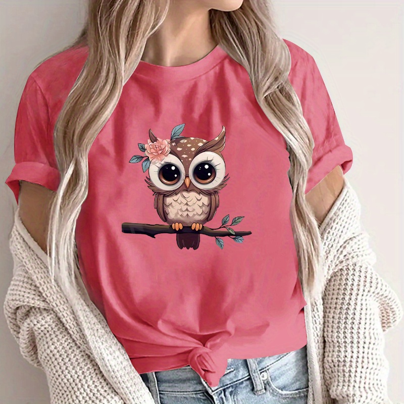 

Owl Print Crew Neck T-shirt, Casual Short Sleeve Top For Spring & Summer, Women's Clothing