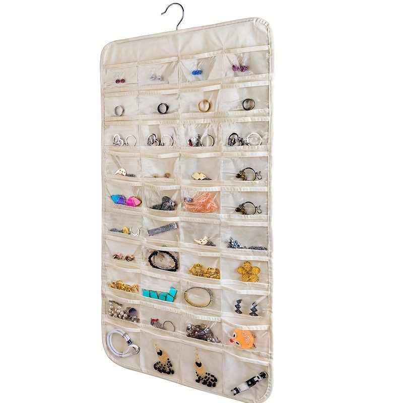 

1pc 80 Pockets Beige Wall Hanging Jewelry Storage Organizer, About 78.74*41.91cm/31*16.5inches, Double Sided Transparent Pockets For Earrings, Necklaces, Small Accessories, Portable Convenience