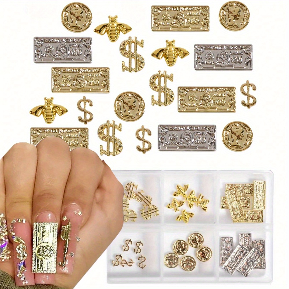 

30pcs 3d Luxury Nail Art Charms, Golden And Silvery Dollar Sign With Alloy Bees, Embellishments For Money-themed Nails, Diy Nail Jewelry Decoration Box Set