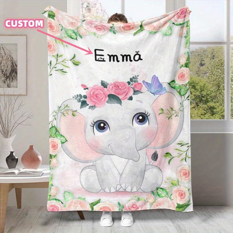 

1pc Custom Cute Cartoon Elephant Blanket With Personalized Name, Soft Nap Throw Blanket, Perfect For Festive Birthday Gifts