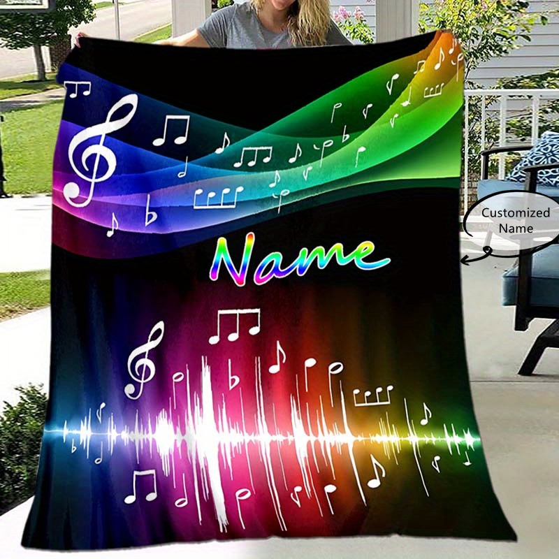 

1pc Custom Your Name Blanket, Personalized Music Notes Pattern Text Blanket, Outdoor Travel Leisure 4 Seasons Nap Blanket