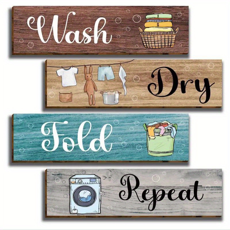 

4 Pcs Wooden Laundry Room Rules Wall Sign Set - Rustic Farmhouse Wash Dry Fold Repeat Decorative Plaques