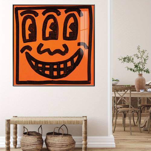 Keith Haring Cartoon Canvas Wall Art, 1PC Orange Framed Print for Living Room, Bathroom, Bedroom Decor - Major Material: Canvas