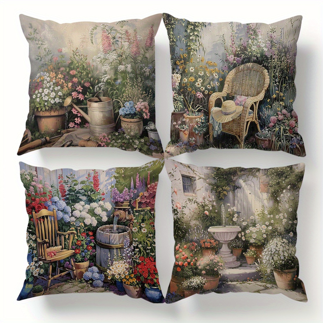 

4pcs Vintage Garden Oil Painting Design Cushion Covers 45x45cm, Single-sided Print, Peach Skin Velvet Throw Pillow Cases For Sofa, Contemporary Style Decor